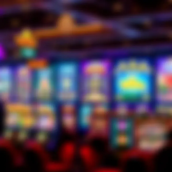 Colorful casino game interface featuring a variety of slot machines and table games on digital screens