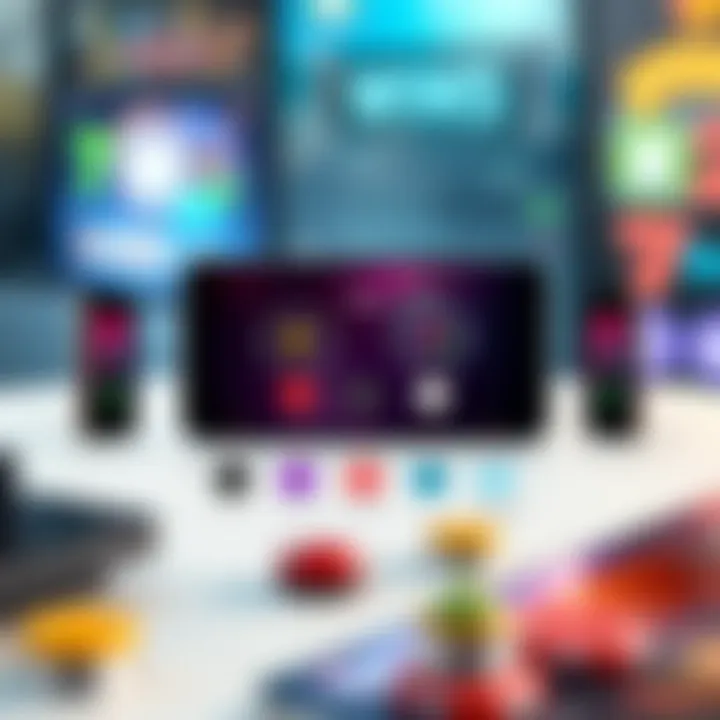 Illustration of multiple mobile devices showing compatibility icons for various operating systems