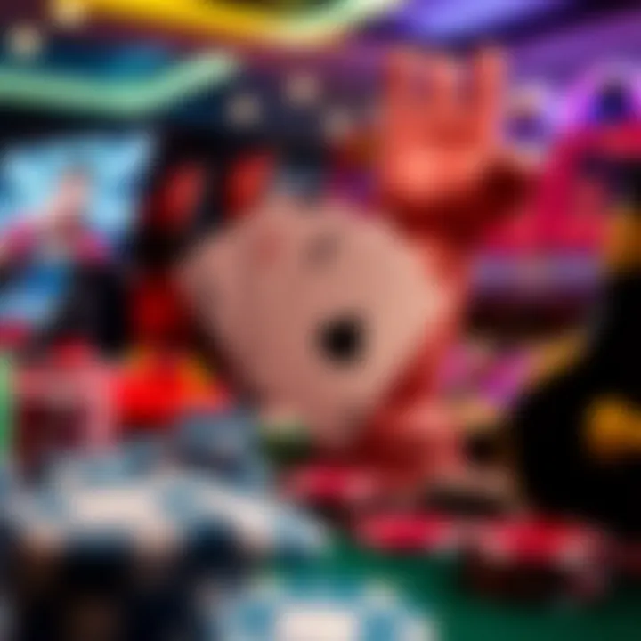 Graphic displaying various casino game icons including poker chips, cards, and slot machine symbols