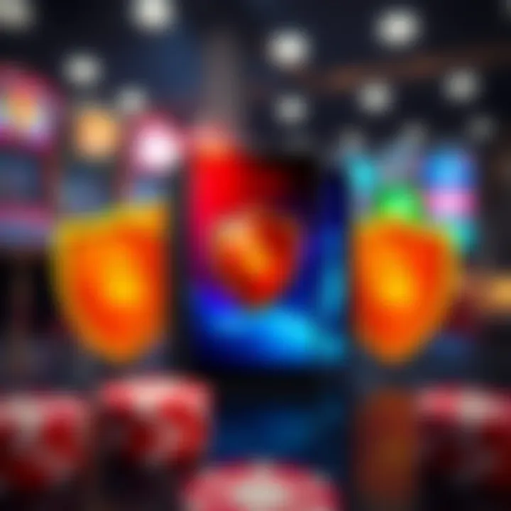 Illustration of a mobile phone and tablet compatible with the Rocket Play Casino app surrounded by security shields