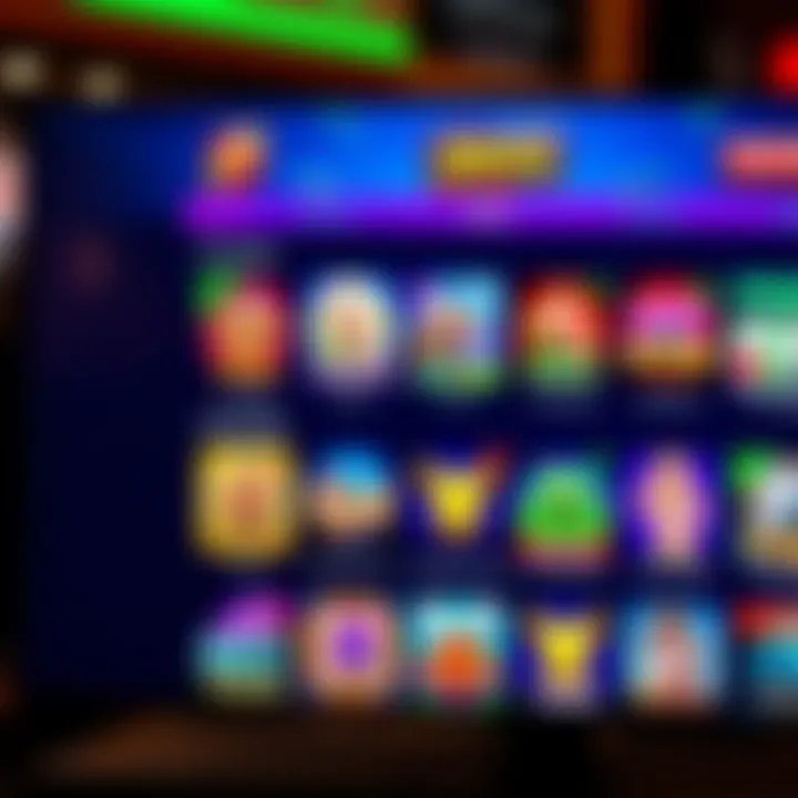 Colorful online casino game interface on a digital screen with various game icons