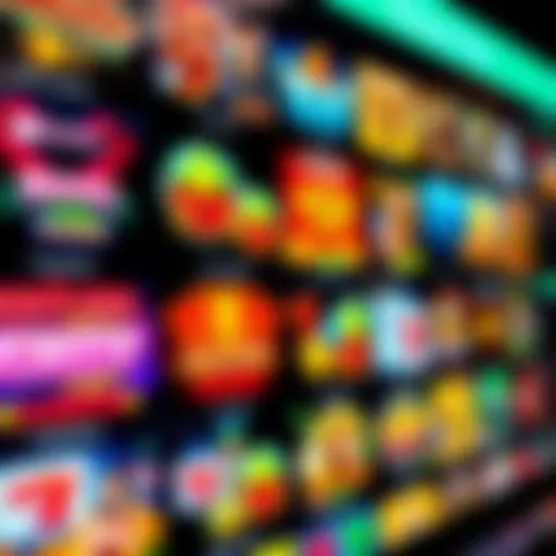 Variety of colorful casino game icons including slots and card games on a digital screen