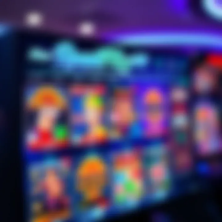 Colorful digital casino game interface with various slot machine options on screen