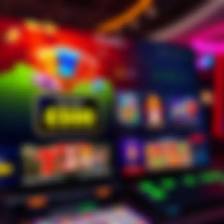 Illustration of a vibrant online casino interface displaying various slot games and bonus notifications