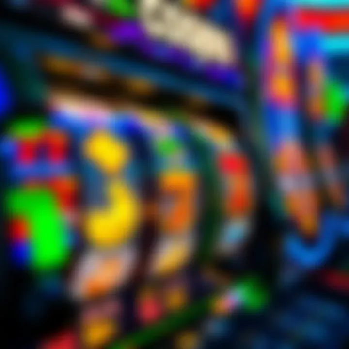 Colorful casino slot machine with spinning reels showing various symbols