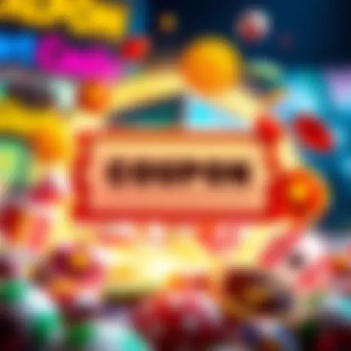 Illustration showing a digital coupon surrounded by gaming icons and symbols representing discounts