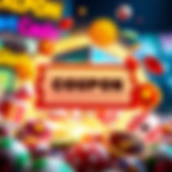 Illustration showing a digital coupon surrounded by gaming icons and symbols representing discounts