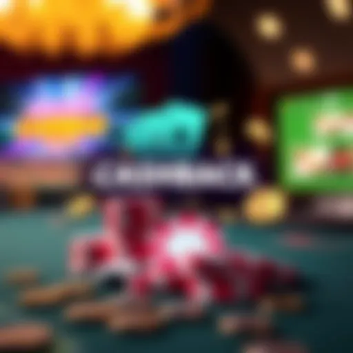 Illustration showing cashback benefits from RocketPlay Casino with money icons and casino chips